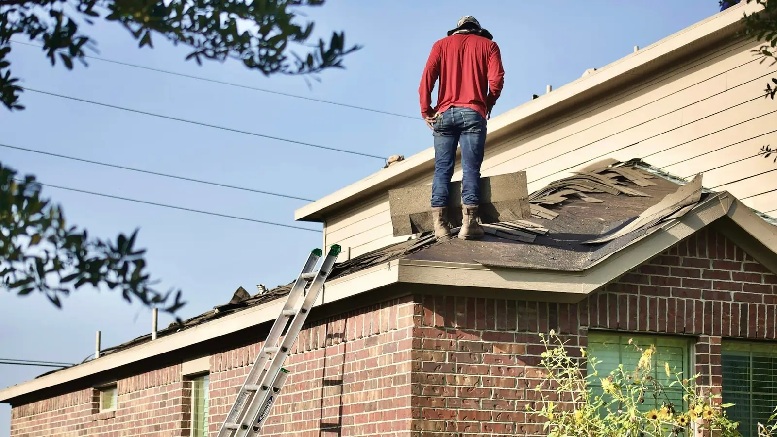 Roofer standing on a damaged shingle roof on a brick home, ladder against the eave (representative photo)